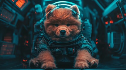 A cute puppy wearing a space suit is seen exploring a space station, suggesting a potential future for animals in space travel