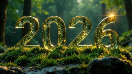 Glowing 2026 in forest, nature scene with sparkling light and greenery.