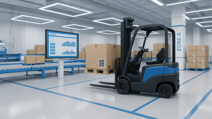 A modern warehouse interior with a blue electric forklift. Boxes are stacked on pallets, and a digital screen displays data charts.