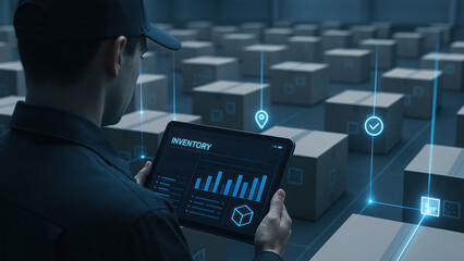 A young Caucasian man with short hair uses a tablet in a warehouse filled with stacked boxes. Digital graphs and icons are displayed on the screen.