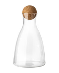Empty glass carafe with cork ball stopper isolated on white background
