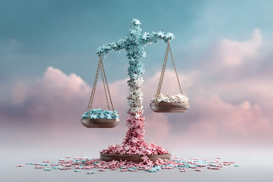 Digital illustration of balance scale made of jigsaw puzzle pieces in blue and pink colors, symbolizing equality and diversity