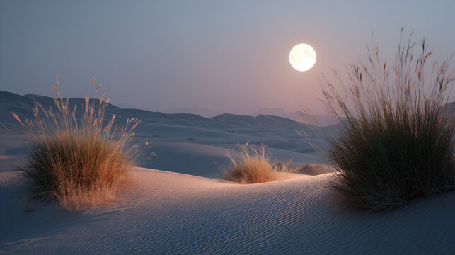 Desert Moon: Soft sunset light illuminates sand dunes with grasses under a full moon in a serene landscape.