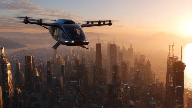 Futuristic air taxi flying over modern city skyline sunset, hopeful view of future transport