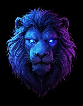 A bioluminescent alien lion in close-up is a surreal marvel generated by AI