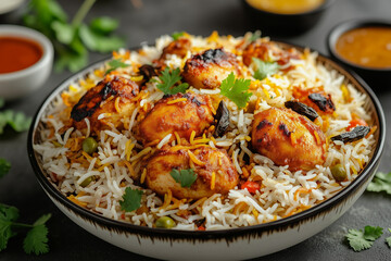 Chicken biryani on a plate.