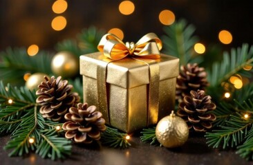 Festive gold gift boxes and pinecones with evergreen branches on wooden table. High quality photo