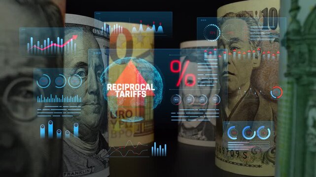 Analysis of Reciprocal Tariffs Impact on Global Currency Exchange and Trade Relations with Financial Graphs and Currency Notes. Consignment.