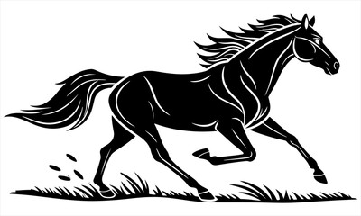 Majestic Black Horse Galloping Through Grassy Field in Motion