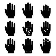 Obraz premium Diverse Hand Icons. Solid, filled icon set of diverse hand styles: male hand, female hand, child hand, gloved hand, tattooed hand,