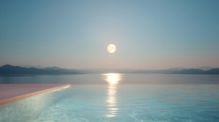 Moonlit Ocean Serenity: A tranquil infinity pool reflects the luminous moon over calm waters, mountains afar.