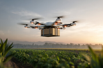 Dron dostarczający paczkę w warunkach miejskich lub podmiejskich. Nowoczesna logistyka, szybka dostawa żywności i przesyłek za pomocą technologii bezzałogowej.

