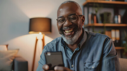 A cheerful senior African American man smiling while having a video call on his smartphone.