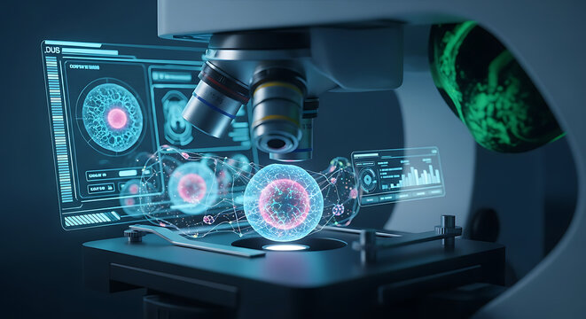 A futuristic microscope with holographic projections displaying biological data and cellular structures.