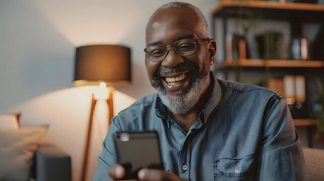A cheerful senior African American man smiling while having a video call on his smartphone.