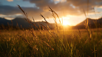 Fototapeta premium Golden sunlit meadow with tall grasses and distant mountains sunset golden hour