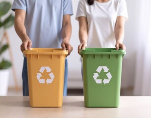Couple demonstrating recycling habits with green and yellow bins in their home.