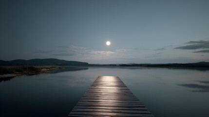 Fototapeta premium Moonlit Serenity: A serene lake scene with a wooden pier leading into calm waters under a moonlit sky.