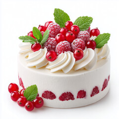 Christmas cake with red berries and whipped cream,
