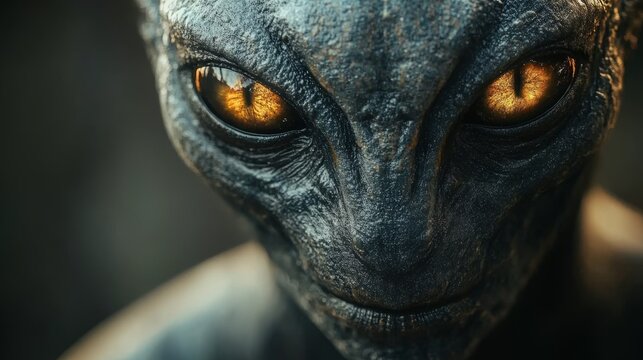 A detailed study of an alien creature's face in turquoise tones, featuring a close-up portrait with glowing amber eyes against a dark background