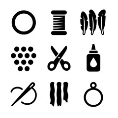 Dreamcatcher Craft Icons. Solid, filled icon set of making your own dreamcatcher: wooden hoop, weaving thread, feathers, beads,