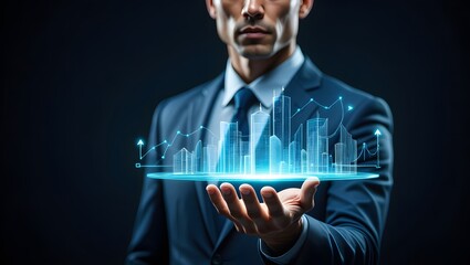 Business hand showing futuristic skyline with finance graph, smart city concept, economic growth, investment planning, real estate tech, digital economy, data trend.