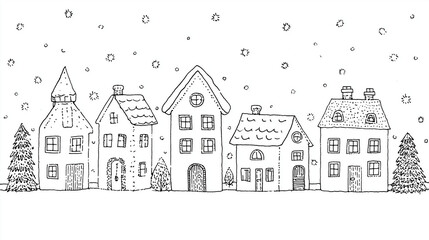 drawing of a Outline of Christmas village houses with snow on rooftops,