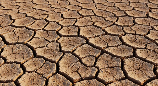 Parched and cracked soil texture on the floor of a dry lake bed, a powerful symbol of extreme drought and global warming.