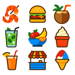 Beachside Snack Icons. Flat vector icons of beachside food and drink: grilled shrimp, beach burger, coconut with straw, mojito