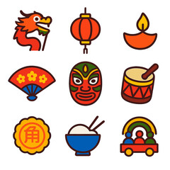 Cultural Festival Icons. Flat vector icons of cultural festivals: dragon dance, lantern icon, diya lamp, fan with flowers,