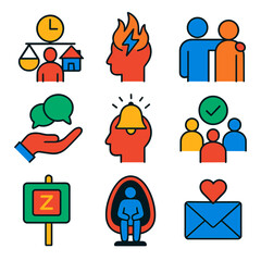 Workplace Mental Health Icons. Flat vector icons of workplace mental health: work-life balance icon, burnout symbol, supportive