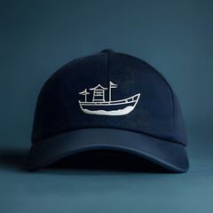 A classic navy blue baseball cap mockup featuring a simple white embroidered boat logo.