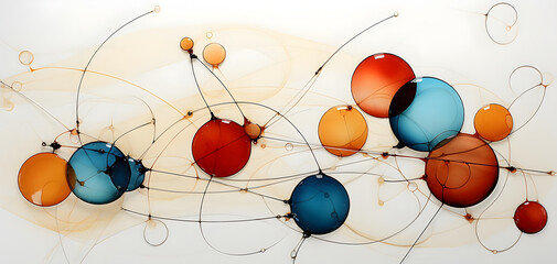An abstract kinetic art piece with colorful glass-like spheres connected by delicate lines.