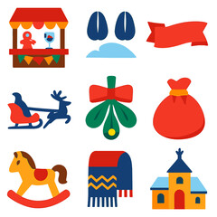 Minimalist Christmas Icons. Flat vector icons of Christmas holiday: Christmas market stall, deer tracks in snow, festive banner
