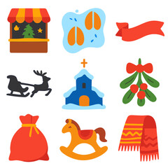 Fototapeta premium Minimalist Christmas Icons. Flat vector icons of Christmas holiday: Christmas market stall, deer tracks in snow, festive banner