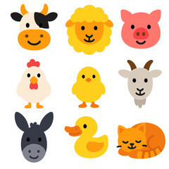 Fototapeta premium Cute Farm Animal Icons. Flat vector icons of cute farm and domestic animals: smiling cow with spots, fluffy sheep with round wool,