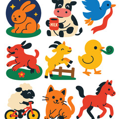 Cute Animal Icons. Flat vector icons of cute farm and domestic animals: fluffy bunny under stars, cow sitting with milk cup, duck