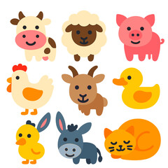 Fototapeta premium Cute Farm Animal Icons. Flat vector icons of cute farm and domestic animals: smiling cow with spots, fluffy sheep with round wool,