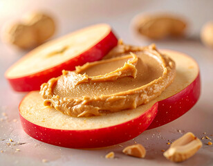 Two slices of apple with peanut butter on top