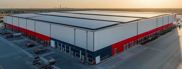 Large modern warehouse with solar panels in industrial area at sunset