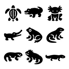 Naklejka premium Endangered Species Icons. Solid, filled icon set of endangered species: leatherback turtle, Chinese alligator, axolotl, gharial,