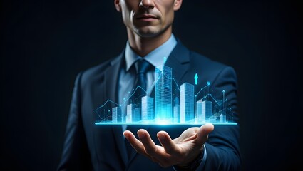 Business hand showing futuristic skyline with finance graph, smart city concept, economic growth, investment planning, real estate tech, digital economy, data trend.