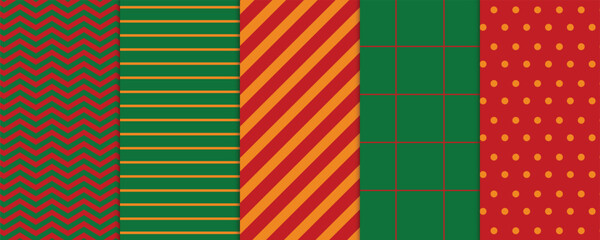 Set of Christmas Festive Patterns in Green and Red with Stripes and Geometric Shapes