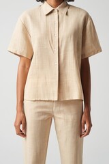 Female Model in Beige Linen Shirt and Trousers - Full Length Studio Shot