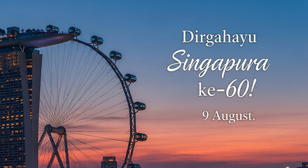 Singapore's 60th Independence Day celebration with the Flyer and Marina Bay Sands against a colorful sunset sky.