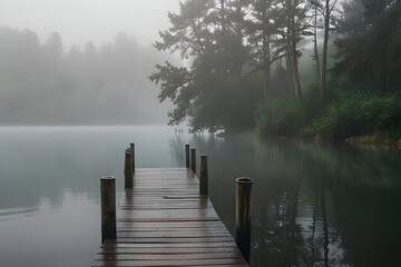 Narrow wooden bridge fading into thick morning fog over a lake, reflections on water barely visible, soft colors, quiet and realistic ambiance 