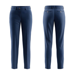 A professional mockup of women's stylish navy blue dress pants, front and back views.