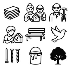 Family Birdhouse Workshop. Solid, filled icon set of family building birdhouses with seniors: wooden panels stacked, family with
