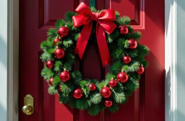 Festive red door adorned with christmas wreath and bow. High quality photo