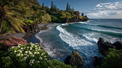 Stunning Black Sand Beach with Lush Tropical Vegetation